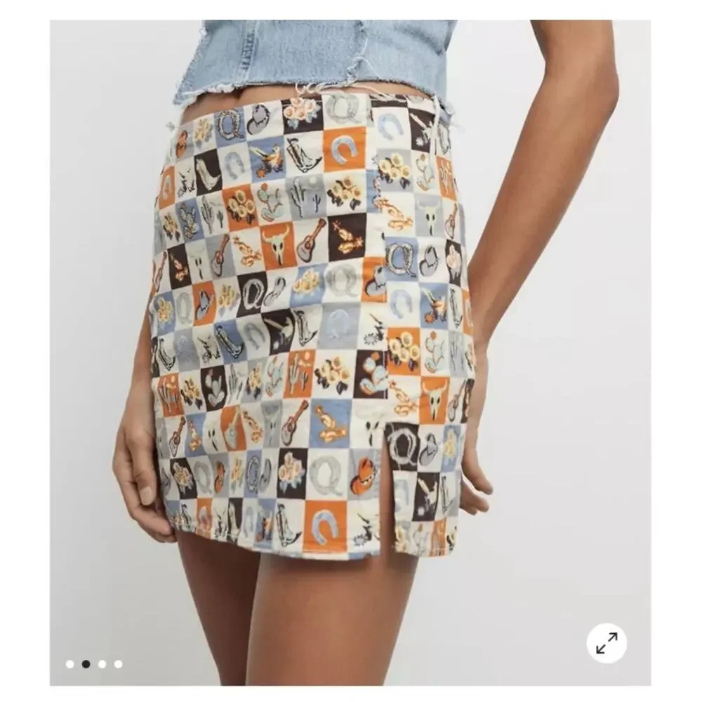 NWT Urban Outfitters Western Cowboy Mini Skirt Large Brown Blue Festival Boho